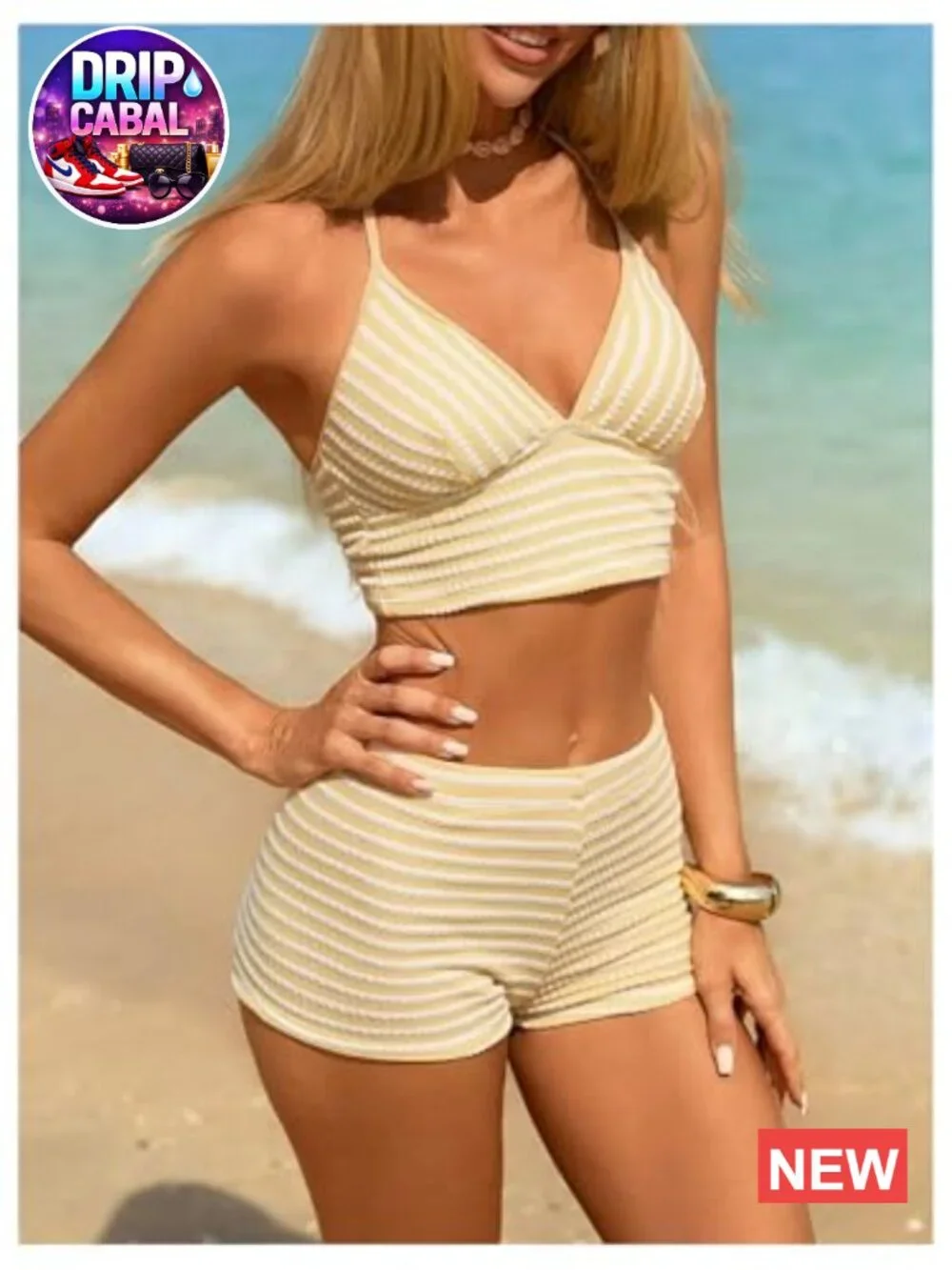 2 Piece Tankini Swimsuit Set with Boyshort Bottoms Halter Top Striped Print